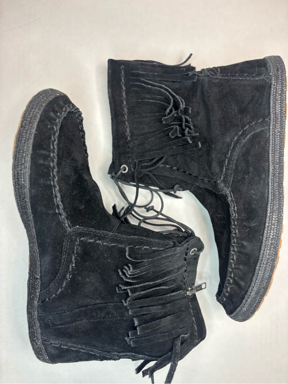 UGG Kaysa black suede moccasin boots with fringe detail 9.5